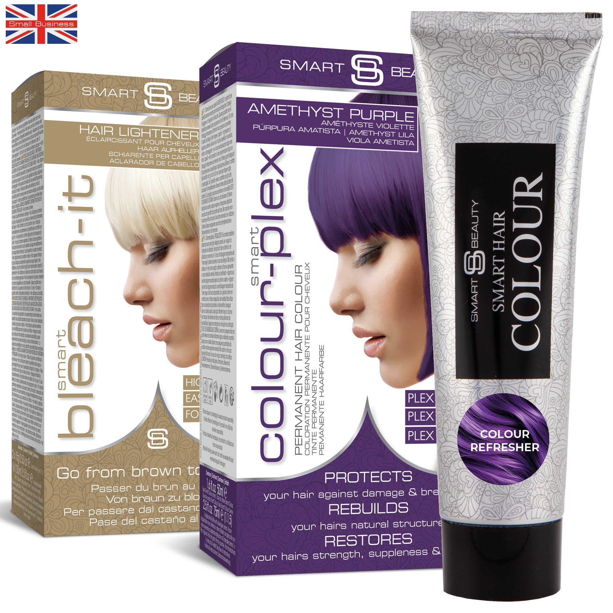 Starter Bundle Pack - Bleach Kit &amp; Amethyst Purple Hair Dye &amp; Refresher - Hair Lightener, Permanent Hair Colour with Maintenance Colour Booster